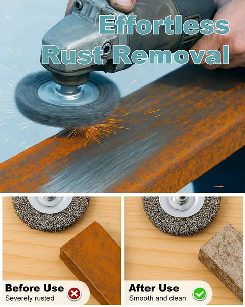10 Pc Drill Wire Brush Kit For Rust Removal Coarse Carbon Steel Hex Shank showing rust removal and surface smoothing
