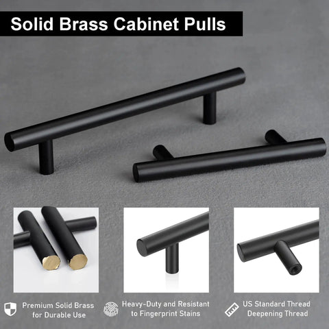 Solid Brass Cabinet Pulls 4 Pack Matte Black Euro T Bar Handles With 5 Inch Hole Center showing close-up design details