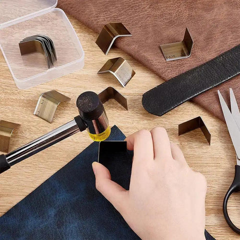 Leather Corner Punch Set With 15 Size Triangular Edge Trimmers and Circle Cutter Kit in use on leather, high carbon steel tools visible