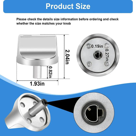 Diagram showing dimensions of Easy Swap 5 Pack Gas Range Knob Replacements for Oven and Stove Controls WEG745H0FS0 and WEG515S0FB0 Series