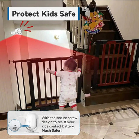 Child near stairs with 125dB Motion Sensor Alarm With Remote No Joke Loud Indoor Wireless Security Siren installed