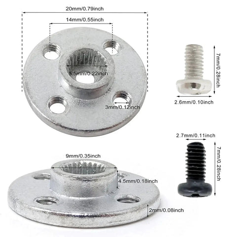 Front/side views of 6-pack metal aluminum 25T servo horn discs with screws for RC servos; round mounting plate (Amazon)