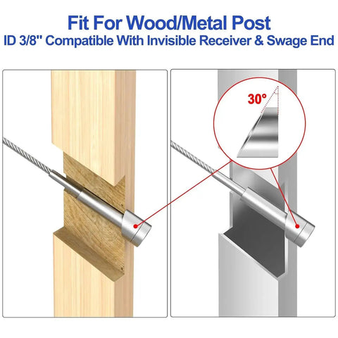 Diagram of 50 Pack 3/8 Inch Angle Beveled Cable Railing Washers installed on wood and metal posts, showing 30-degree bevel.