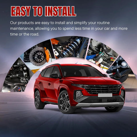 Red SUV with wheel bearing installation background and 'Easy to Install' text, promoting car maintenance products