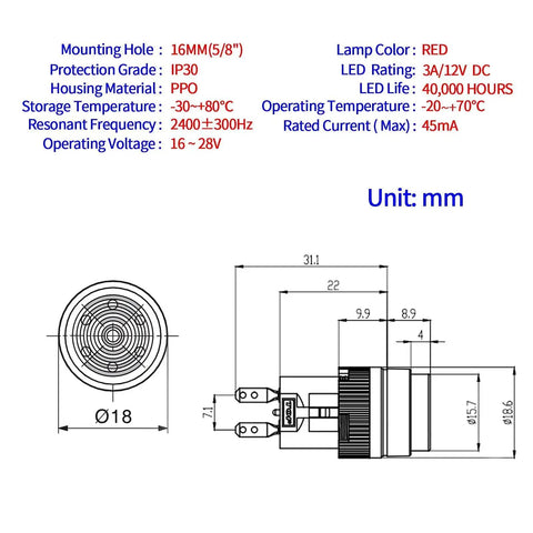 Technical diagram of 16mm Red Buzzer Indicator Light Lamp 12V DC LED with 0.63 Inch Round Cap Alarm Signal, electrical specifications