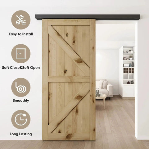 Six Foot Sliding Barn Door Hardware Track Kit Aluminum Box Rail Wall Mount supporting wooden interior door with soft-close.
