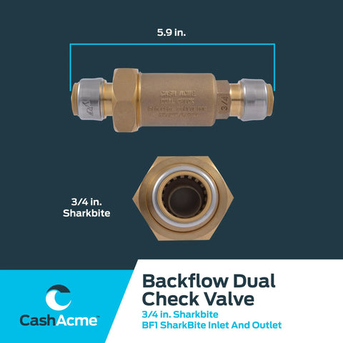 Cash Acme BF1 dual check valve, 3/4 in push-to-connect with SharkBite inlet/outlet, brass body