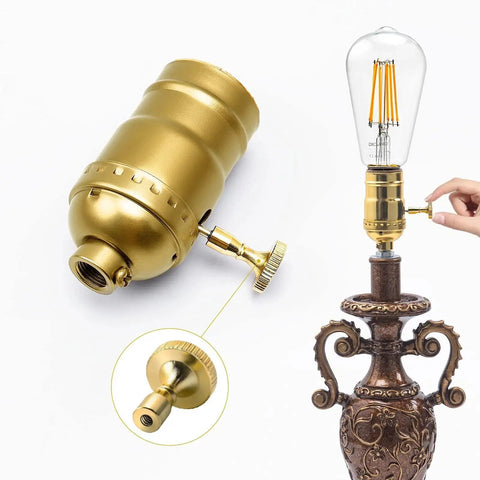 Vintage Brass Lamp Switch Knobs Replacement Kit, 4 Pack, shown installed on a lamp socket, demonstrating easy installation.