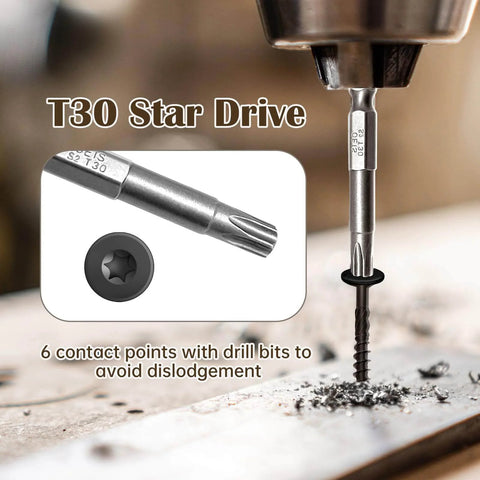 3 Inch Deck Screws 50 Count Beefed Up Heavy Duty Structural Wood Screws in use with T30 Star Drive Bit on wood surface
