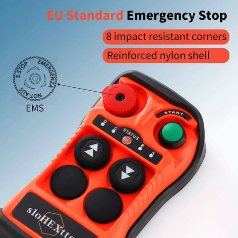 Wireless Crane Remote Control 2 Channel 110V Transmitter Receiver For Hoist close-up showing buttons and emergency stop.