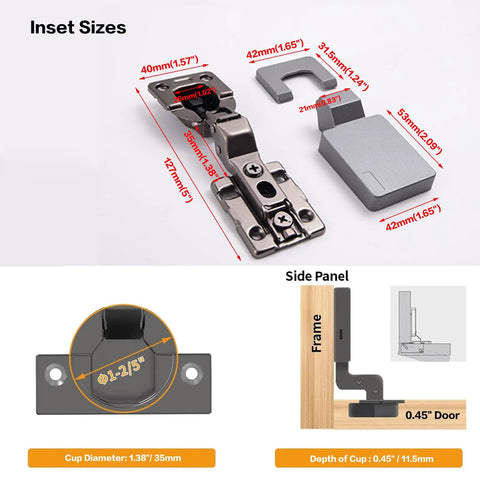 Frameless Inset Soft Close Concealed Cabinet Hinges Titanium Black Ultra Thin Finish Two Hinges Per Pack Self Close From 0 To 45 Degrees With 3D Adjustment And Stop At Any Angle 45 To 105 Degrees Stainless Steel, showing dimensions and side panel installation.