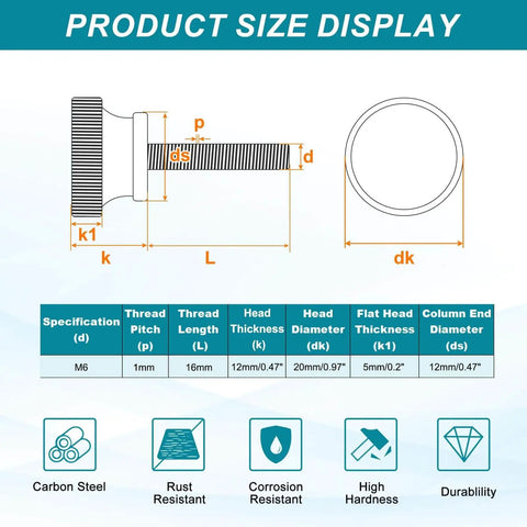 Diagram of product size display for 15 Pack M6 x 16mm Knurled Thumb Screws Black Steel Flat Head With Shoulder Grip