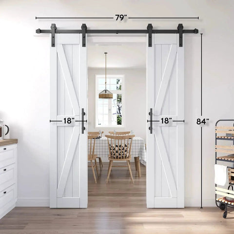 36 Inch By 84 Inch Double Barn Door With 6.6 Feet Sliding Door Hardware And Handle Included, installed in a modern kitchen.