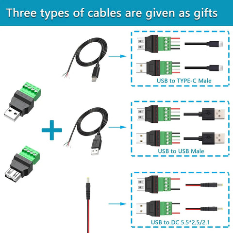 USB 2.0 Type A To 4 Pin Terminal Block Connector Adapter Pack with three types of cables for electronics testing and conversion.