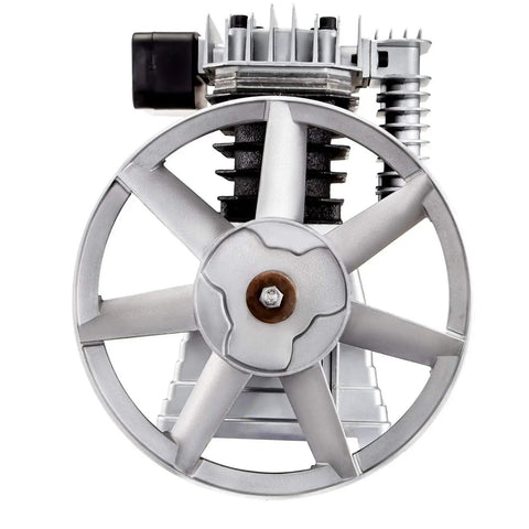 Beefy 3HP Industrial Air Compressor With 11 CFM Output, front view of twin cylinder aluminum head, single-stage piston style pump
