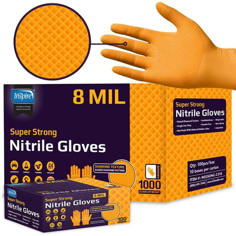 8 Mil Orange Nitrile Gloves Heavy Duty Diamond Textured Industrial Food Handling box and glove