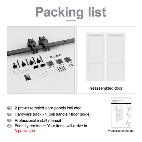 Packing list for 48 By 80 Inch Bifold Barn Door With 64 Inch Track Hardware Two Lite White Primed MDF Panels One And Three Eighths Inch Thick Solid Core Sound Insulated Pre Drilled Space Saving Sliding Door For Laundry Room Or Bedroom