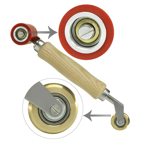 Amazon Welding Handheld Roller with two wheels: 40mm red silicone seam wheel and 6mm brass penny roller, wooden handle.