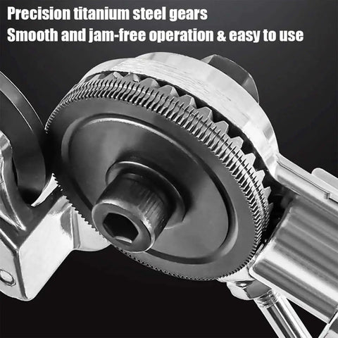 Close-up of Drill Nibbler Sheet Metal Cutting Tool Attachment showing titanium steel gears for electric drills and smooth operation