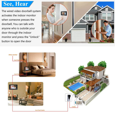 Video Doorbell Intercom System With 7 Inch Indoor Monitor And Aluminum Alloy Camera Two Way Audio Video Intercom Kit For Home Security Real Time Monitoring Easy Door Unlock Indoor And Outdoor Durable Wired Connection showing installation and usage scenarios in home environment.