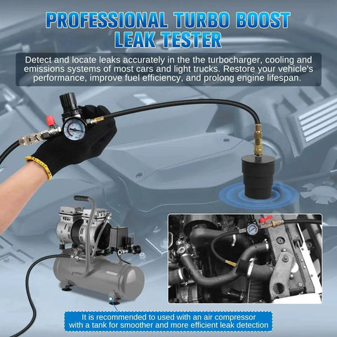 Turbo Boost Leak Tester Kit 10 Piece For Cars And Light Trucks Turbocharger Emissions And Cooling Systems With Four Pairs Of Stepped Adapters From One And Three Eighths Inches To Three And A Half Inches Plus US And EU Air Fittings shown in use