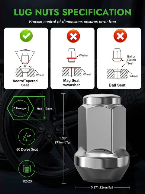 Chrome Closed End Lug Nuts 20 Pack With Half Inch By Twenty Thread For Ford Mustang Edge Explorer Ranger specification diagram