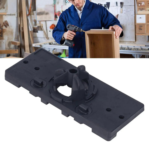 Pro Grade Heavy Duty 35mm Hinge Hole Saw Jig Drilling Guide Set for Woodworking in black, shown separately and in workshop use.