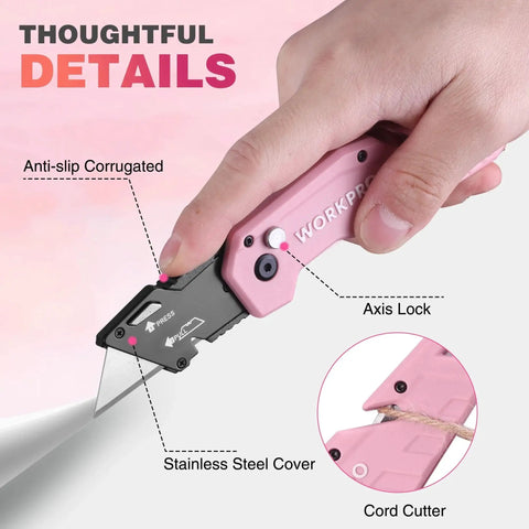 Folding Utility Knife With Quick Change Pink Handle And 10 Extra Blades, showing pink handle with axis lock and cord cutter.
