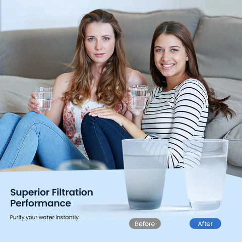 Glacier Fresh replacement water filter for GE Opal ice maker; two women on sofa drinking water, before/after graphic