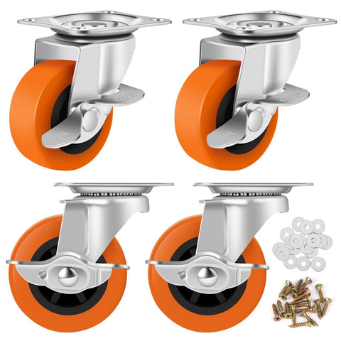 Caster Wheels, 3 Inch Heavy Duty Casters Set of 4 - Locking Swivel Plate Polyurethane Wheels with Brake for Furniture, Carts, and Workbench - Canadian Ball Bearing Supplier.