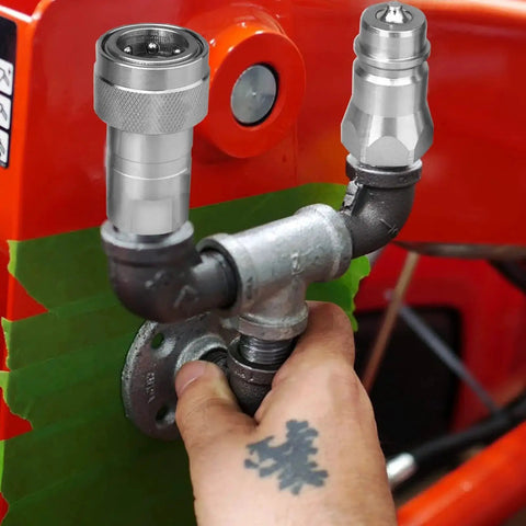 Half Inch Ag Hydraulic Quick Connect Tractor Couplers with Dust Caps in use, ISO 5675, Pioneer Style, NPT Thread, farm equipment installation