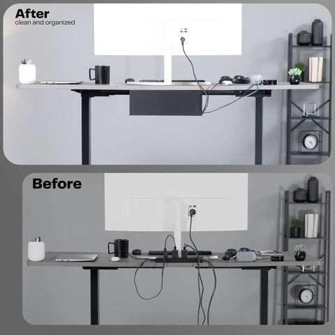 Before and after using Under Desk 17 Inch Cable Management Trays, 2 Pack Black Cord Organizer For Power Strips And Wires showing tidy desk.
