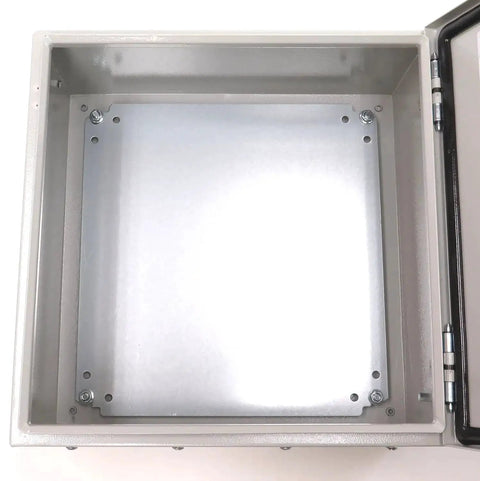 Open view of Heavy Duty 16 Gauge Steel Wall Mount Enclosure IP66 Weatherproof and NEMA 4 Indoor Outdoor Built Tough with backplate.