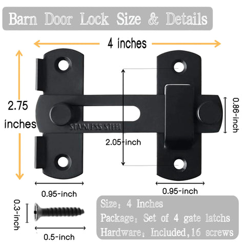 Four Pack 4 Inch Stainless Steel Gate Latches For Outdoor Fence Barn Doors Sliding Lock Hardware Black Finish Flip Latches For Cabinets Windows Closets Bifold Doors Durable Easy Install Built To Last, showing dimensions and screws.