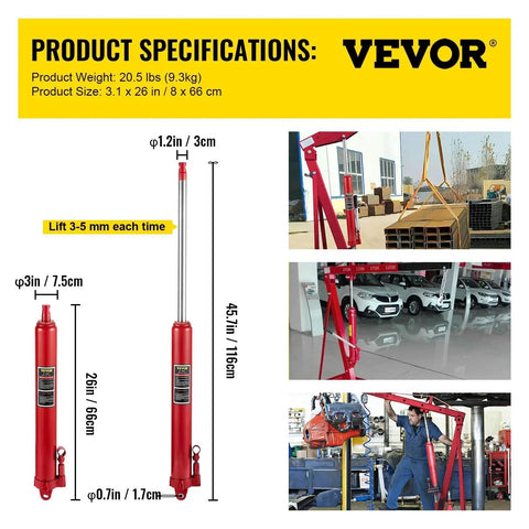 Product specifications and images of a red 8 Ton Hydraulic Long Ram Jack With Clevis Base For Engine Hoists And Cranes