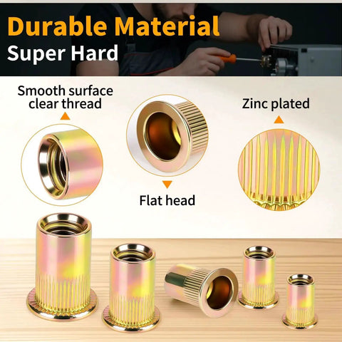 All In One Metric Rivet Nut Kit With 200 Pcs Carbon Steel Rivet Nuts M3 M4 M5 M6 M8 UNC Flat Head Nutserts With Knurled Deep Threads For Automotive Mechanical And Equipment Installations showing zinc-plated flat head details.