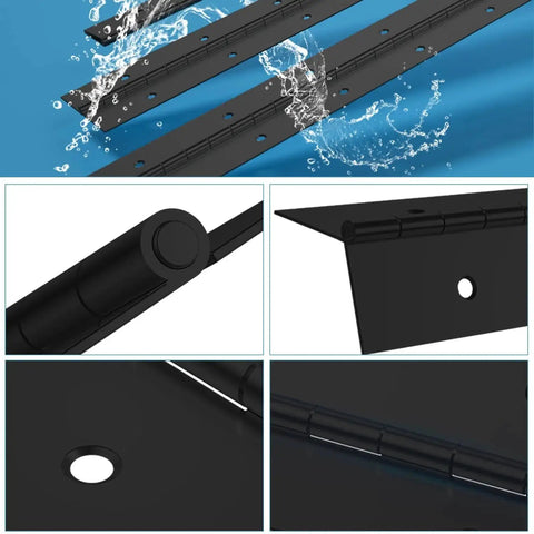 Heavy Duty 12 Inch Stainless Steel 304 Continuous Piano Hinges Matte Black in various close-up and installed views