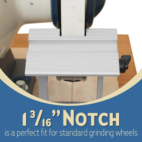 Adjustable Tool Rest Sharpening Jig for 6 Inch or 8 Inch Bench Grinders and Sanders with pivoting miter slide seen installed