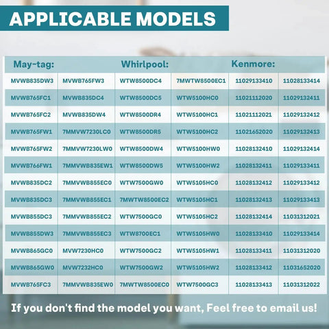 Washer water inlet valve compatibility chart with May-tag, Whirlpool, and Kenmore model codes.