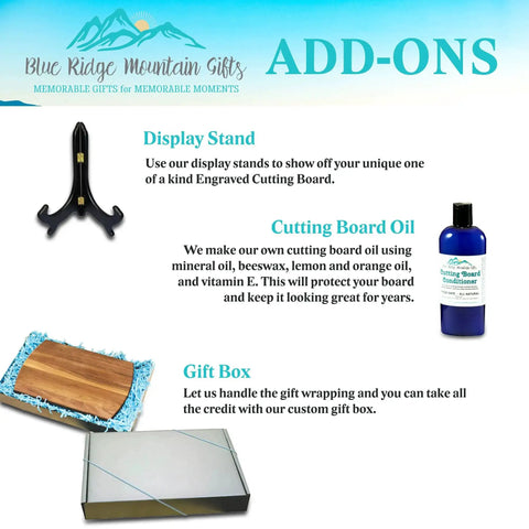Display stand, cutting board oil, and gift box for Custom Engraved Wooden Cutting Board Personalized For Weddings Anniversaries Birthdays And Mothers Day Gift In Maple Cherry Walnut Or Bamboo With Juice Grooves Handles And Available In Small Medium And Large Sizes For Home Chefs And Entertaining