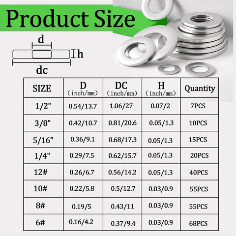 Flat washers set, 270 pcs, 304 stainless steel, 8 sizes: 1/2, 3/8, 5/16, 1/4, #12, #10, #8, #6 for screws and bolts.