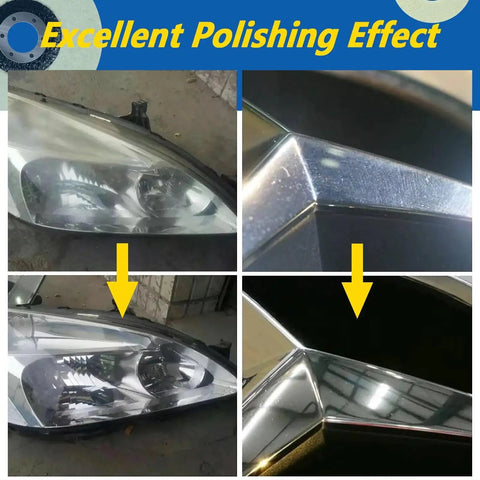 Collage showing before and after polishing of car headlight and chrome trim with Rugged 10 Pack 4.5 Inch Wool Felt Polishing Wheel Discs