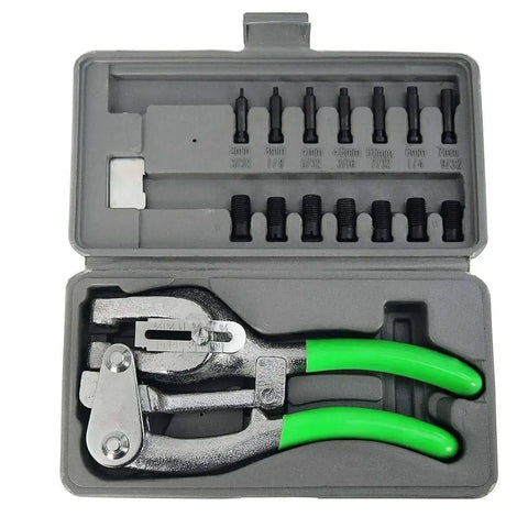 1 Ton Power Hole Punch Kit with 7 Die Sizes in case, visible green handles and die assortment for sheet metal and DIY repairs