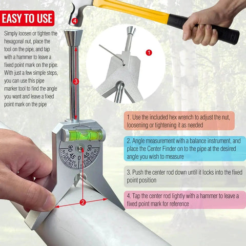 Pipe Center Finder Punch Tool And Marker For Pipes Half Inch And Larger shown on pipe with protractor, level, and hex wrench use