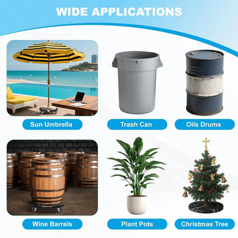 Wide application image featuring Adjustable 15-19 Inch Round Drum Dolly With Locking Wheels versatile for umbrellas, trash cans, drums, barrels, plants, and trees.