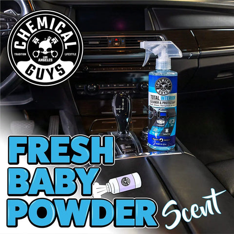 All In One Interior Cleaner And Protectant For Your Ride And All Vehicles Cars Trucks SUVs Motorcycles RVs And More Safe On Leather Vinyl Plastic Carpet Cloth Glass Wood Fresh Scent By Chemical Guys, in a car's center console.