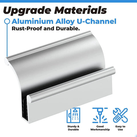 Aluminium alloy U-channel for shower doors, showcasing rust-proof and durable design with highlighted icons for durability, workmanship, and usability.