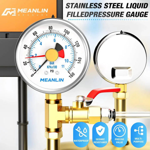 Liquid Filled Pressure Gauge With Reset Pointer 0 To 160 Psi Two And A Half Inch Dial Lower Mount 1 Quarter Inch NPT Stainless Steel WOG
