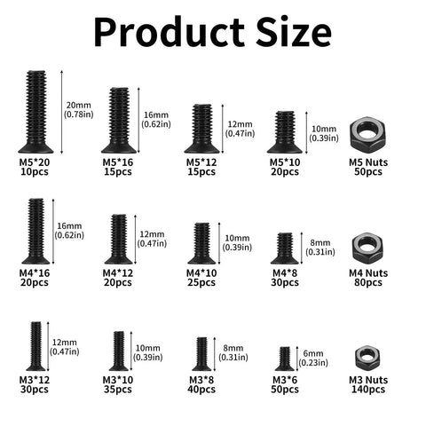 580 Pcs M3 M4 M5 Screws and Nuts Set Black Countersunk Phillips Flat Head Machine Screws with Washers Carbon Steel Assortment Kit, detailed product size chart showing quantities and dimensions.