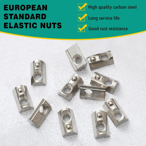 100 Pcs M5 Spring T Nuts For Aluminum Extrusion European Standard, close-up view showing nuts in metallic finish.